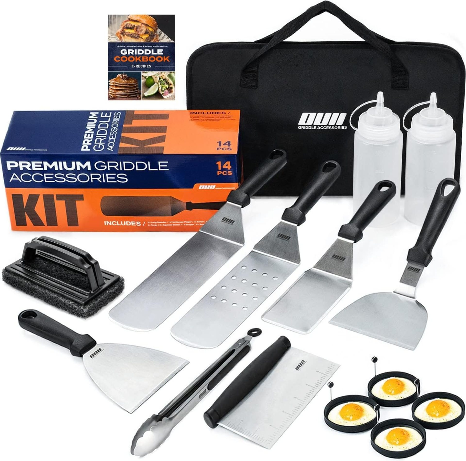 Flat Top Griddle Accessories Set for Blackstone and Camp Chef Griddle – 14 Pieces Set with Griddle Cleaning Kit & Carry Bag! Metal Spatula, Griddle Scraper, Egg Rings for Teppanyaki & Gas Grill Flat Top Griddle Accessories Set for Blackstone and Camp Chef Griddle – 14 Pieces Set with Griddle Cleaning Kit & Carry Bag! Metal Spatula, Griddle Scraper, Egg Rings for Teppanyaki & Gas Grill