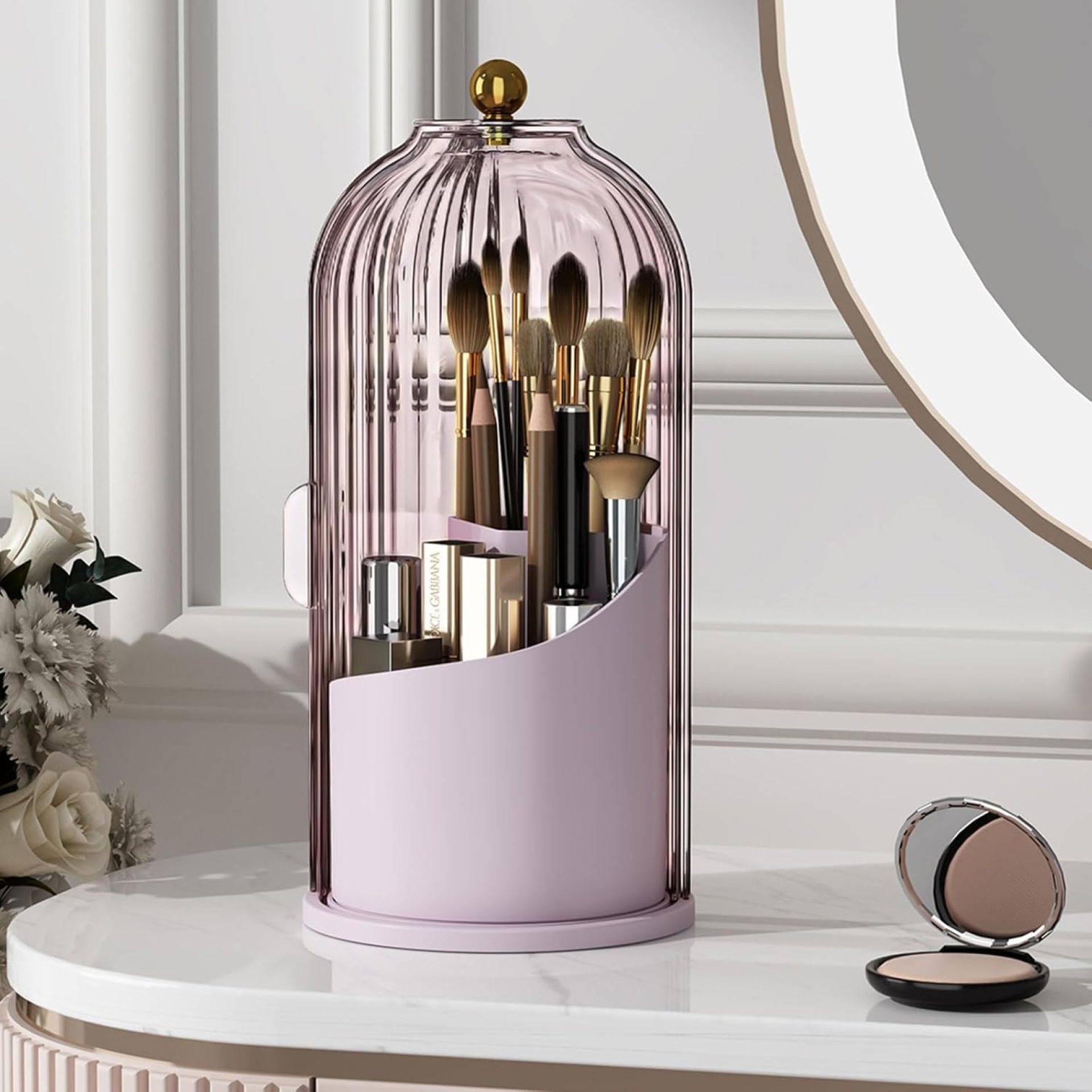 Makeup Brush Holder with Lid 360 Rotating Clear Dustproof Make Up Organizers for Vanity Bathroom Countertop, Pink Makeup Brush Holder with Lid 360 Rotating Clear Dustproof Make Up Organizers for Vanity Bathroom Countertop, Pink