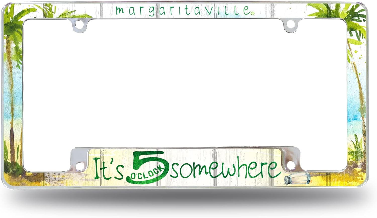 Rico Industries Margaritaville 5 O’Clock 12″ x 6″ Chrome All Over Automotive License Plate Frame for Car/Truck/SUV Rico Industries Margaritaville 5 O’Clock 12″ x 6″ Chrome All Over Automotive License Plate Frame for Car/Truck/SUV