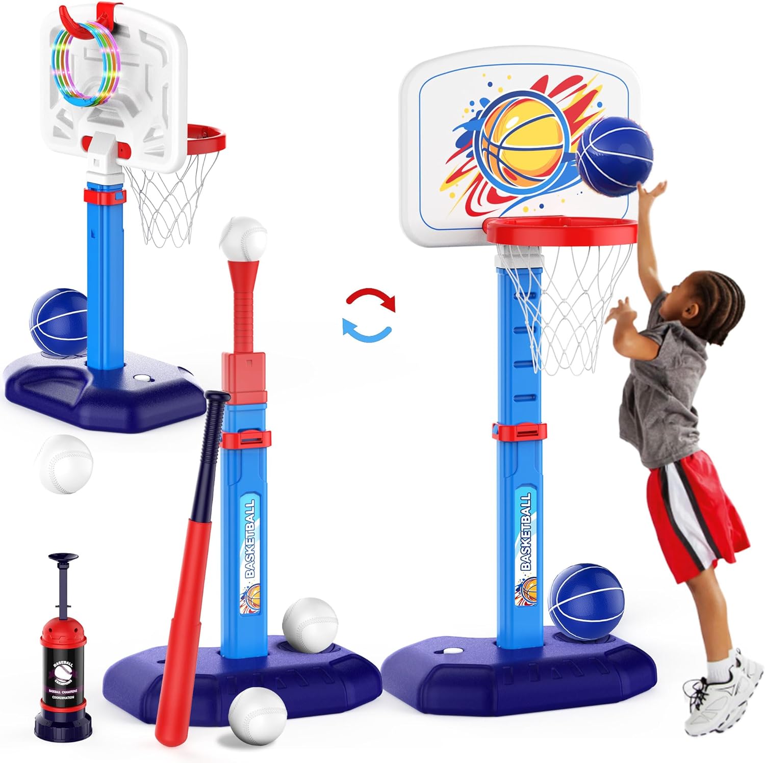 4 in 1 Kids Basketball Hoop and T Ball Set & Ring Toss Game Blue&Pink 4 in 1 Kids Basketball Hoop and T Ball Set & Ring Toss Game Blue&Pink