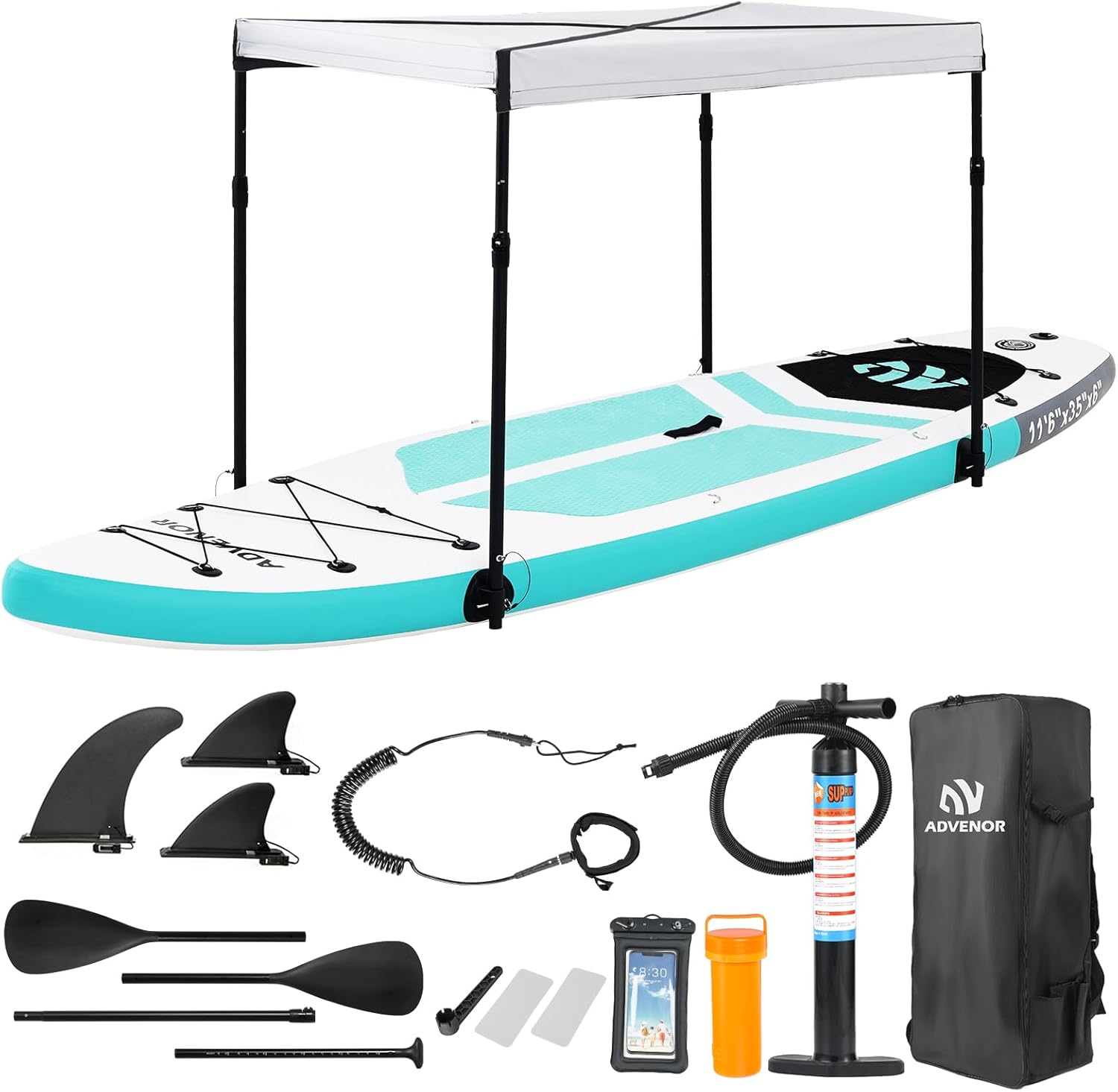 ADVENOR Paddle Board 11’6″x35x6 Super Wide Inflatable Stand Up Paddle Board with Sun Shade Canopy,Double Blade Paddle,Hand Pump,Satefy Leash,Backpack and Waterproof Bag, Perfect for Family and Fishing ADVENOR Paddle Board 11’6″x35x6 Super Wide Inflatable Stand Up Paddle Board with Sun Shade Canopy,Double Blade Paddle,Hand Pump,Satefy Leash,Backpack and Waterproof Bag, Perfect for Family and Fishing