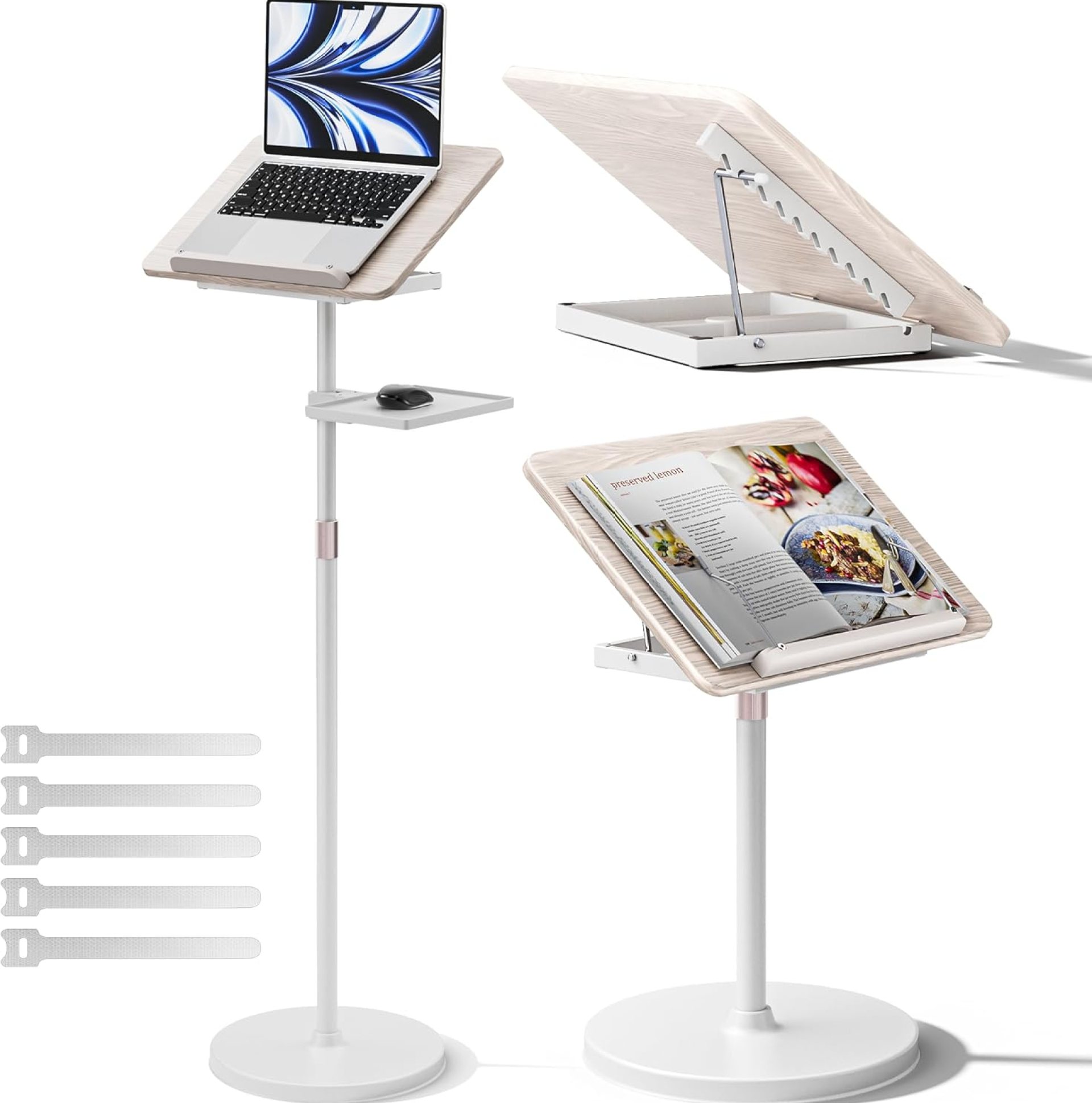 2 in 1 Adjustable Book Stand – Dual-Use Floor and Desktop Book Holder Stand, Height Adjustable 23.5-52 in, Elastic Page Clips for Music Sheet, Recipe, Tablet, Laptop-White 2 in 1 Adjustable Book Stand – Dual-Use Floor and Desktop Book Holder Stand, Height Adjustable 23.5-52 in, Elastic Page Clips for Music Sheet, Recipe, Tablet, Laptop-White