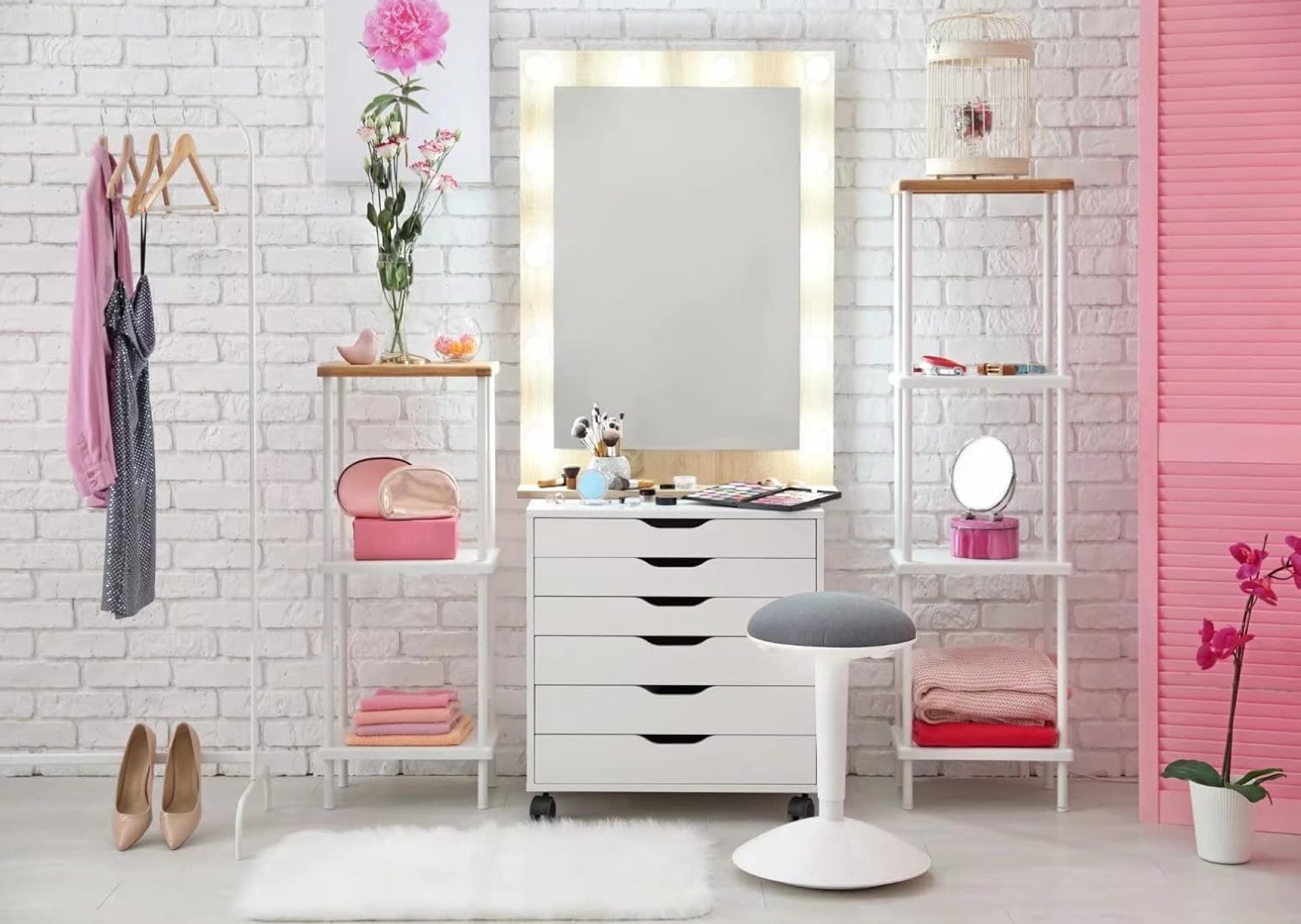 BELECO 8x6ft Fabric Pink Makeup Room Backdrop Interior Dressing Table Make-up Mirror Cosmetics Tools White Brick Wall Dressing Room Background Girls Selfie Photos Live Video YouTube Studio Prop BELECO 8x6ft Fabric Pink Makeup Room Backdrop Interior Dressing Table Make-up Mirror Cosmetics Tools White Brick Wall Dressing Room Background Girls Selfie Photos Live Video YouTube Studio Prop