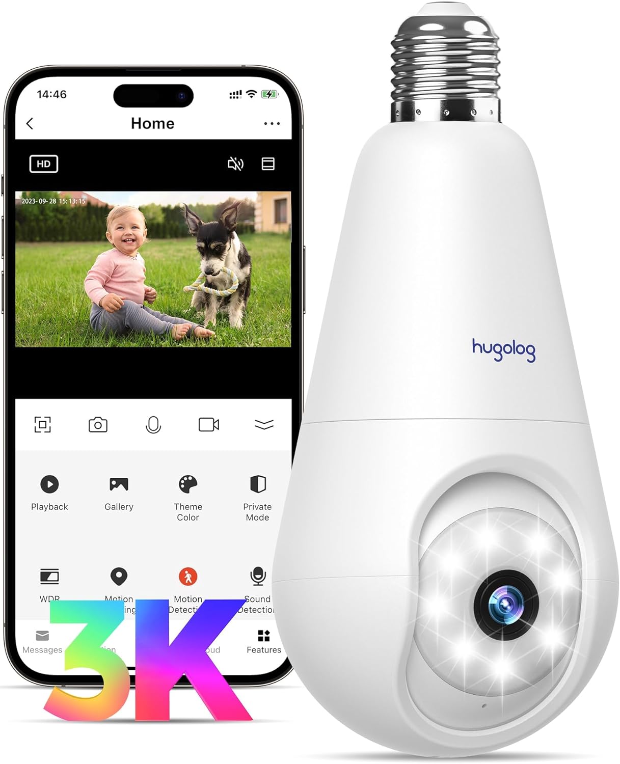 Hugolog 3K 5MP Light Bulb Security Cameras Wireless Outdoor-2.4GHz Cameras for Home Security Indoor with AI Sound Processing&Motion Detection,Color Night Vision,Auto Tracking,Siren Alarm,2-Way Talk Hugolog 3K 5MP Light Bulb Security Cameras Wireless Outdoor-2.4GHz Cameras for Home Security Indoor with AI Sound Processing&Motion Detection,Color Night Vision,Auto Tracking,Siren Alarm,2-Way Talk