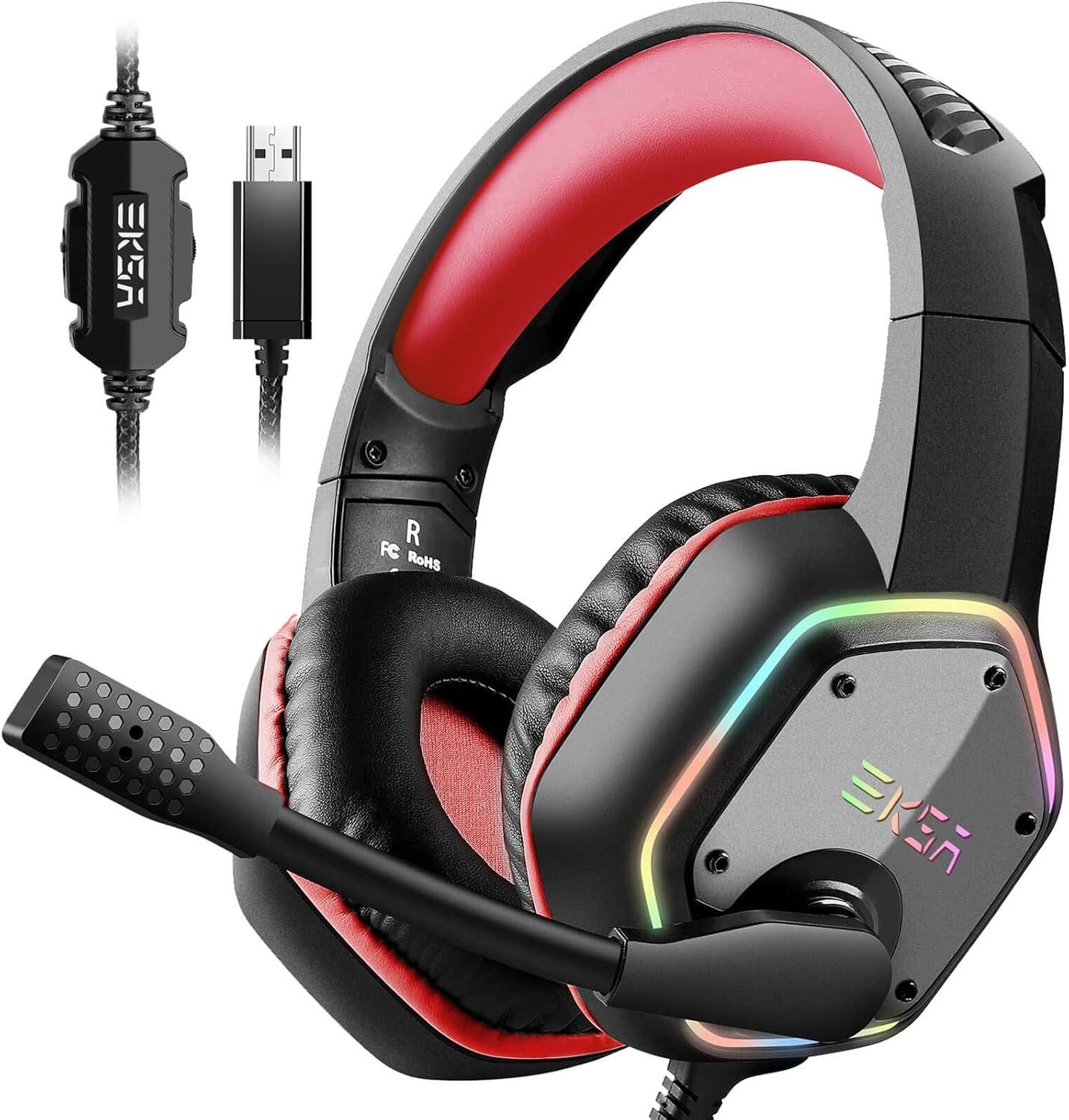 EKSA E1000 Gaming Headset, Computer Headphones with Noise Canceling Mic & RGB Light, 7.1 Surround Sound, Compatible with PC, PS4 PS5 Console, Laptop (Red) EKSA E1000 Gaming Headset, Computer Headphones with Noise Canceling Mic & RGB Light, 7.1 Surround Sound, Compatible with PC, PS4 PS5 Console, Laptop (Red)