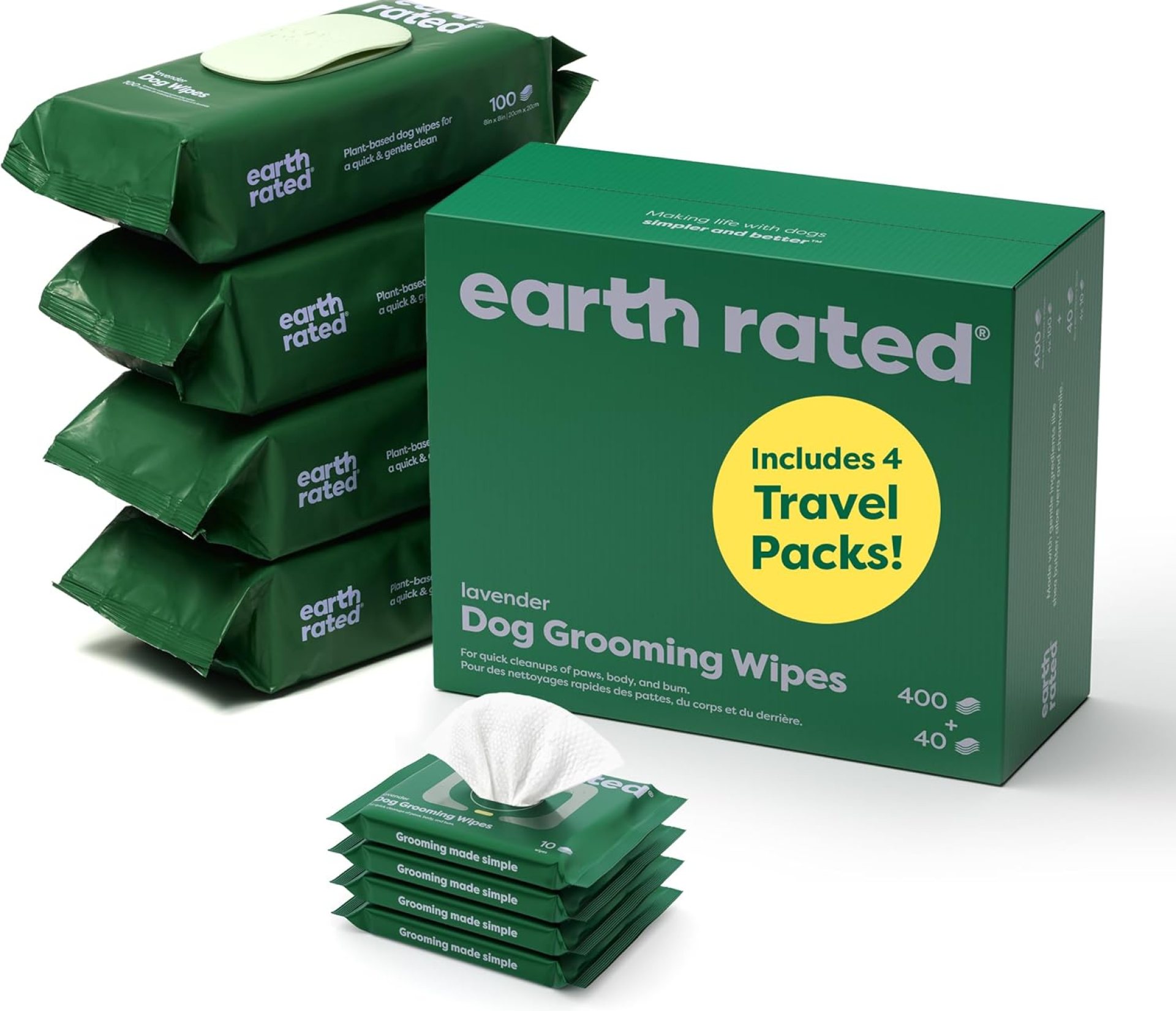 Earth Rated Hypoallergenic Dog Grooming Wipes for at Home & On-The-Go, for Paws, Body & Butt, Includes 4 Travel and Full Sized Packs, 440 Count Earth Rated Hypoallergenic Dog Grooming Wipes for at Home & On-The-Go, for Paws, Body & Butt, Includes 4 Travel and Full Sized Packs, 440 Count