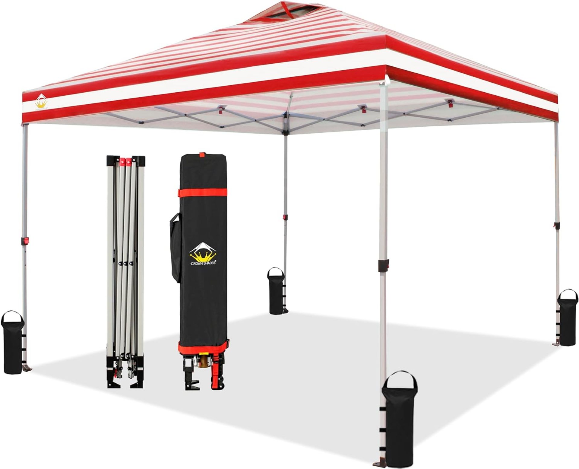 CROWN SHADES 10×10 Pop Up Canopy – Beach Tent with One Push Setup – Easy Outdoor Sun Shade for Events, Parties, Camping – Gazebo with STO-N-Go Cover Bag, Silver Coated Top, Red Strips CROWN SHADES 10×10 Pop Up Canopy – Beach Tent with One Push Setup – Easy Outdoor Sun Shade for Events, Parties, Camping – Gazebo with STO-N-Go Cover Bag, Silver Coated Top, Red Strips