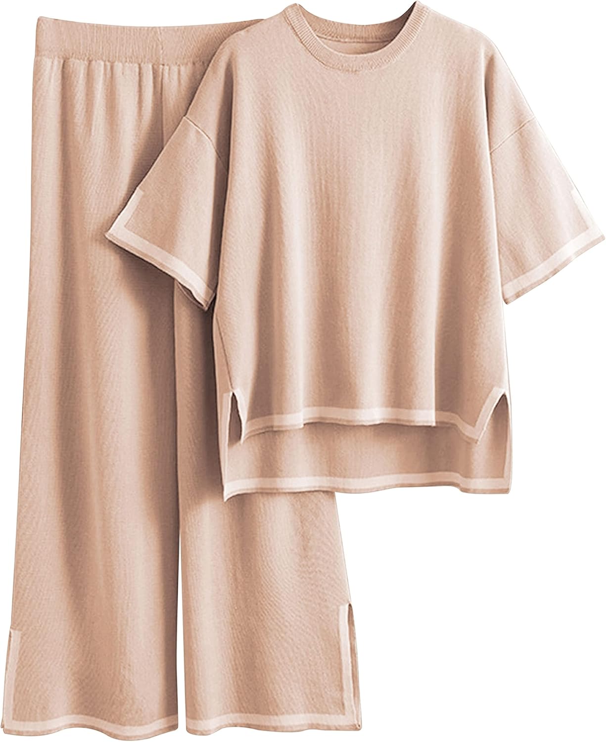 Faleave Womens Knit 2 Piece Sweater Sets Short Sleeve Pullover Tops Elastic Waist Wide Leg Pants Lounge Set Faleave Womens Knit 2 Piece Sweater Sets Short Sleeve Pullover Tops Elastic Waist Wide Leg Pants Lounge Set