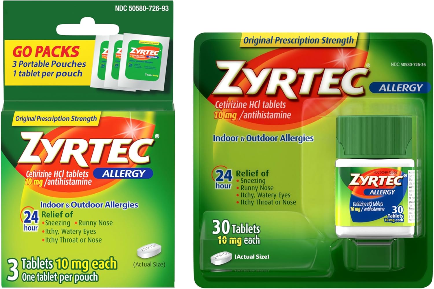 Zyrtec 24 Hour Allergy Relief Tablets, Indoor & Outdoor Allergy Medicine with 10 mg Cetirizine HCl Antihistamine for Allergies, Bundle of one, 30 ct Bottle & Three,1 ct Travel Packs Zyrtec 24 Hour Allergy Relief Tablets, Indoor & Outdoor Allergy Medicine with 10 mg Cetirizine HCl Antihistamine for Allergies, Bundle of one, 30 ct Bottle & Three,1 ct Travel Packs