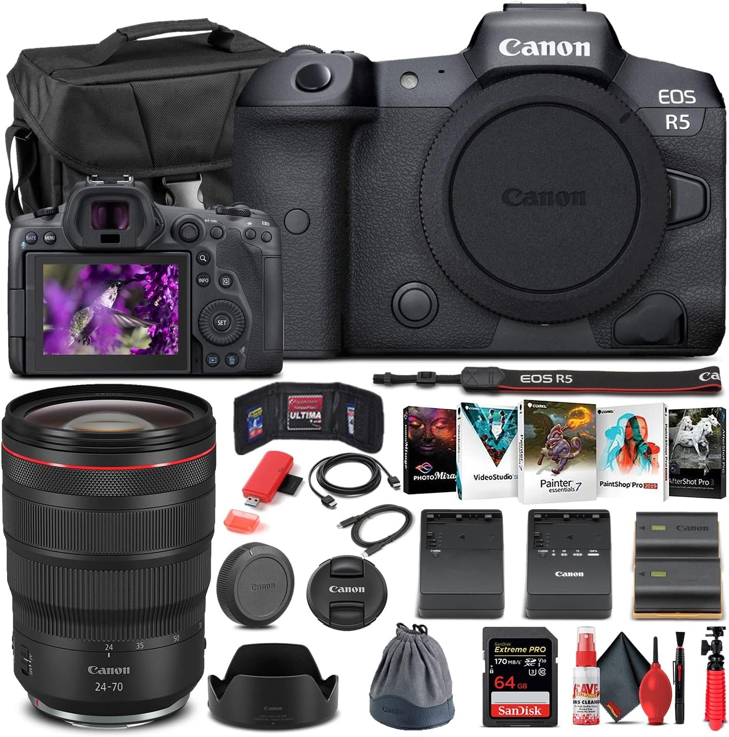 Canon EOS R5 Mirrorless Digital Camera (Body Only) (4147C002) + Canon RF 24-70mm Lens + 64GB Memory Card + Case + Corel Photo Software + LPE6 Battery + External Charger + Card Reader + More (Renewed) Canon EOS R5 Mirrorless Digital Camera (Body Only) (4147C002) + Canon RF 24-70mm Lens + 64GB Memory Card + Case + Corel Photo Software + LPE6 Battery + External Charger + Card Reader + More (Renewed)