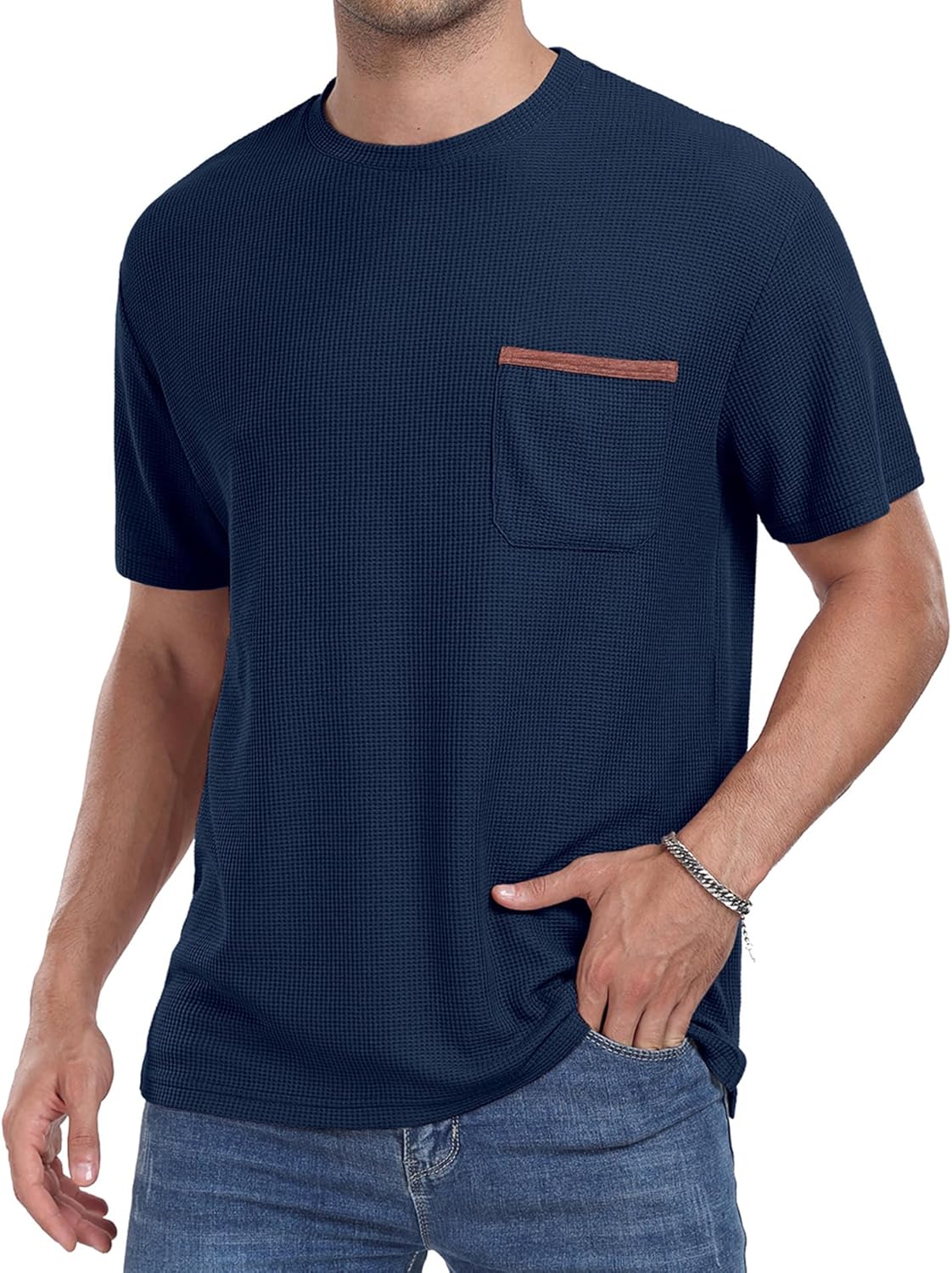Mens Casual T-Shirt Short/Long Sleeve Crew Neck Soft Tee Shirts Summer Beach Waffle Textured Tops with Pocket Mens Casual T-Shirt Short/Long Sleeve Crew Neck Soft Tee Shirts Summer Beach Waffle Textured Tops with Pocket
