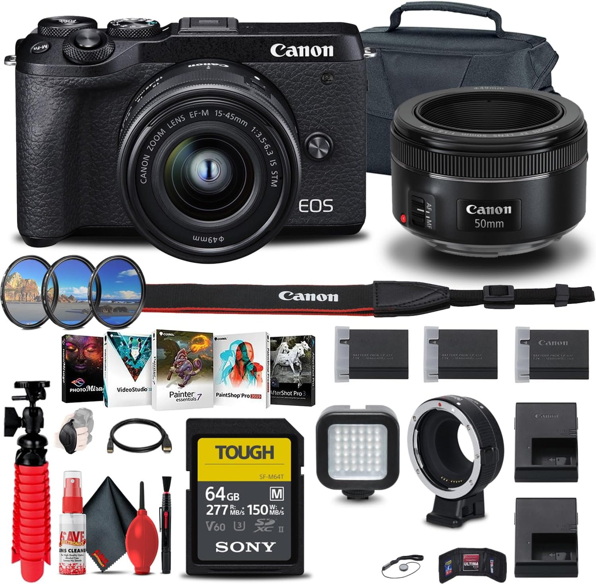 Canon EOS M6 Mark II Mirrorless Digital Camera with 15-45mm Lens (Black) + Canon EF-M Adapter + Canon EF 50mm Lens + 64GB Tough Card + Case + Filter Kit + More (Renewed) Canon EOS M6 Mark II Mirrorless Digital Camera with 15-45mm Lens (Black) + Canon EF-M Adapter + Canon EF 50mm Lens + 64GB Tough Card + Case + Filter Kit + More (Renewed)