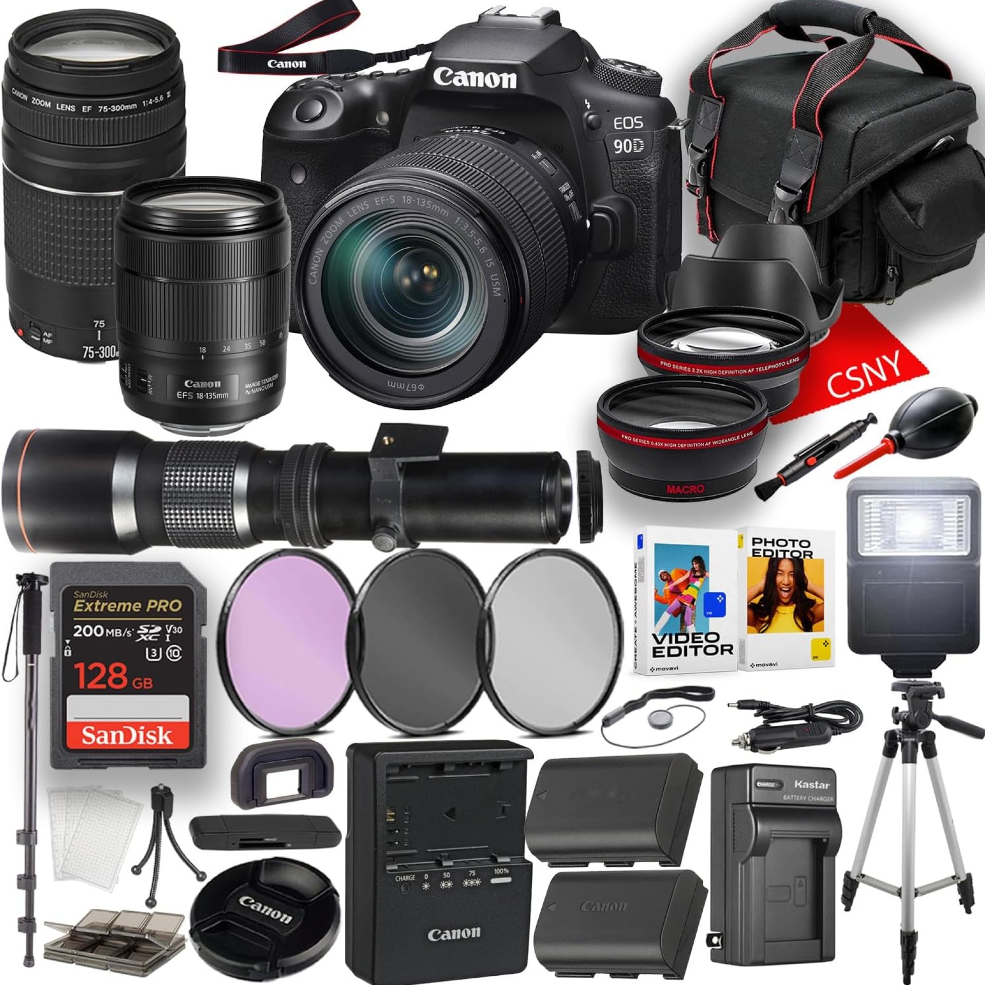 Canon EOS 90D DSLR Camera with 18-135mm Lens + EF 75-300mm III Lens + 128 GB Memory + Spare High Capacity Replasement Battery + Filters + Case + Mini Tripod + More (34 pc Bundle) (Renewed) Canon EOS 90D DSLR Camera with 18-135mm Lens + EF 75-300mm III Lens + 128 GB Memory + Spare High Capacity Replasement Battery + Filters + Case + Mini Tripod + More (34 pc Bundle) (Renewed)