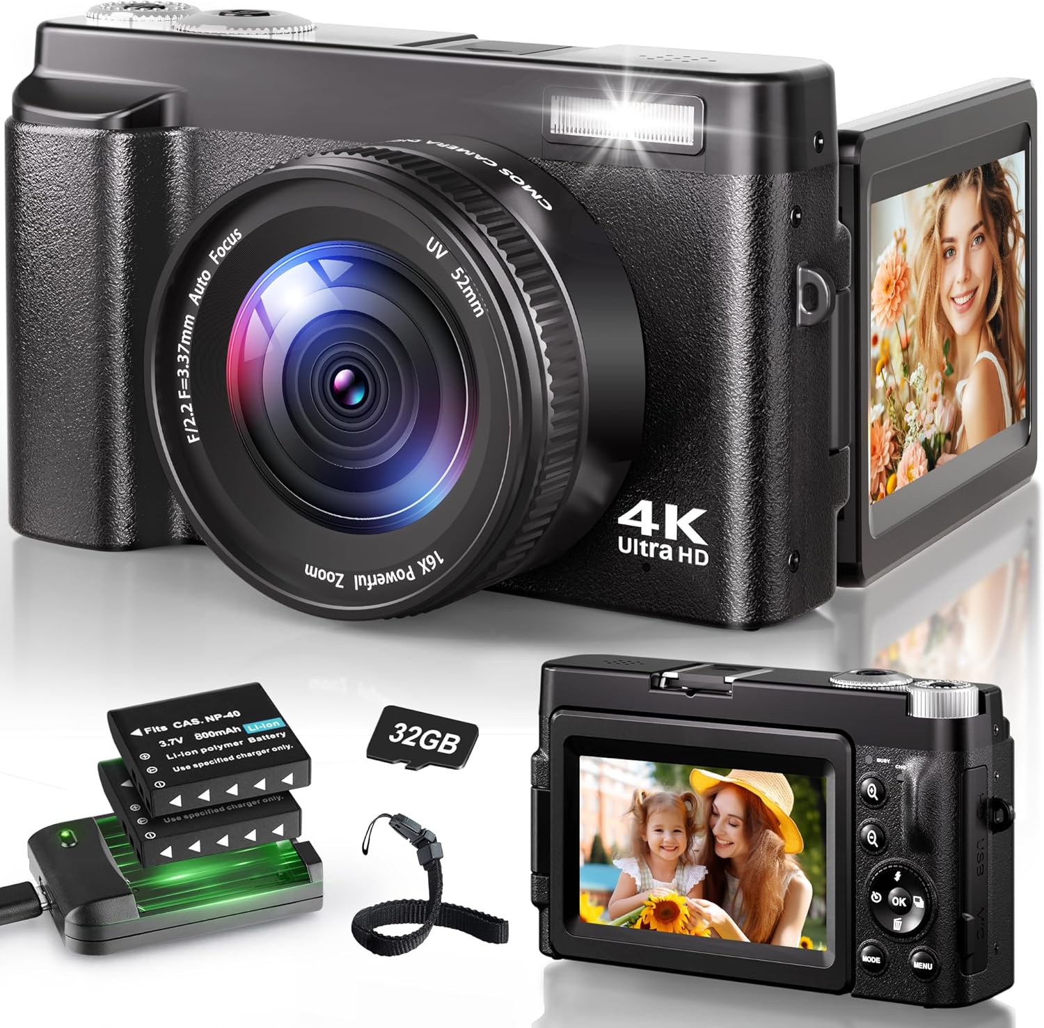 4K Digital Camera for Photography, 48MP Autofocus Vlogging Camera for YouTube with 3” 180°Flip Screen, 16X Digital Zoom Anti-Shake Compact Travel Camera with SD Card, 2 Batteries & Charging Stand 4K Digital Camera for Photography, 48MP Autofocus Vlogging Camera for YouTube with 3” 180°Flip Screen, 16X Digital Zoom Anti-Shake Compact Travel Camera with SD Card, 2 Batteries & Charging Stand