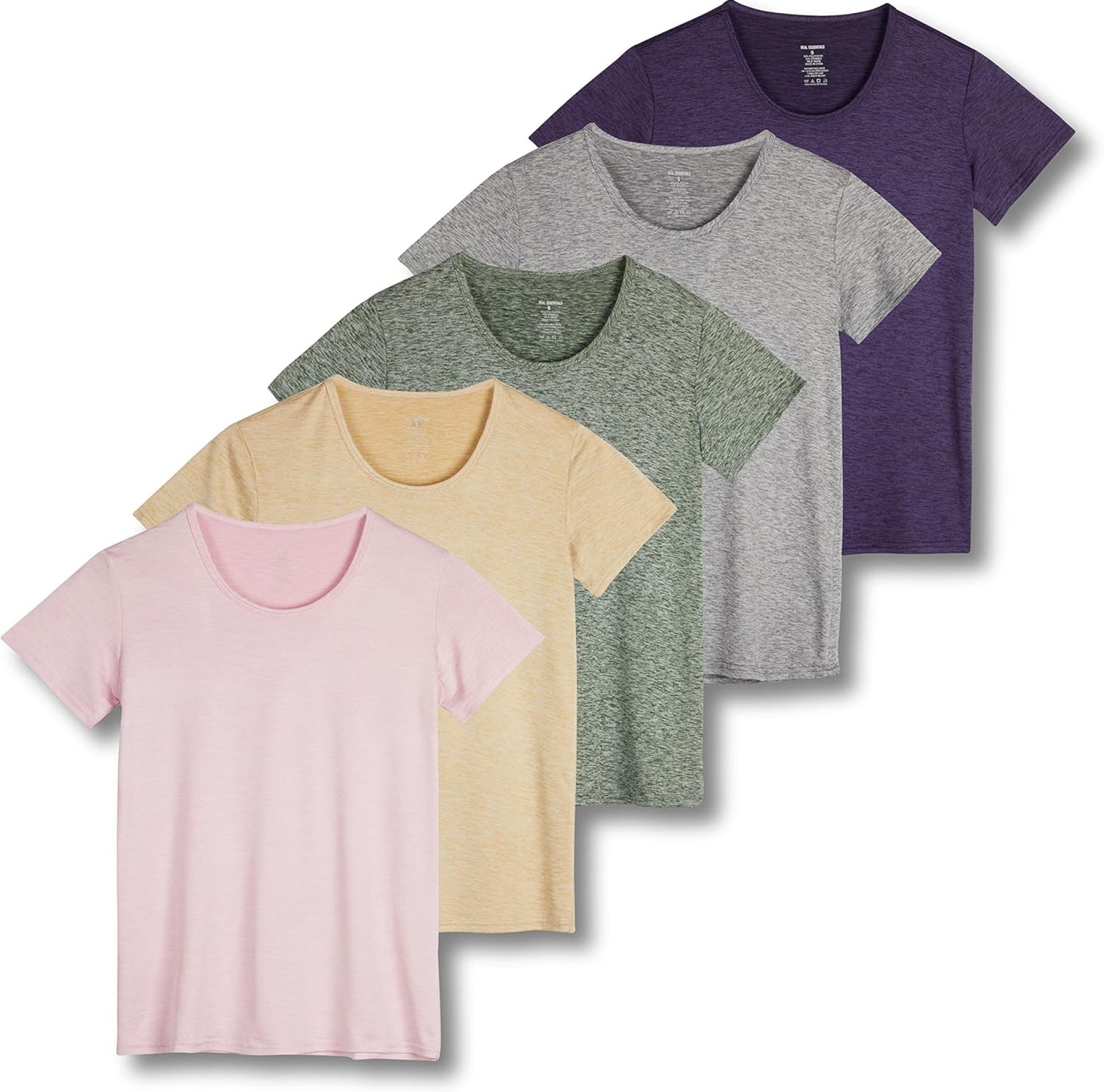 Real Essentials 5 Pack: Women’s Dry Fit Tech Stretch Short-Sleeve Crew Neck Athletic T-Shirt (Available in Plus Size) Real Essentials 5 Pack: Women’s Dry Fit Tech Stretch Short-Sleeve Crew Neck Athletic T-Shirt (Available in Plus Size)