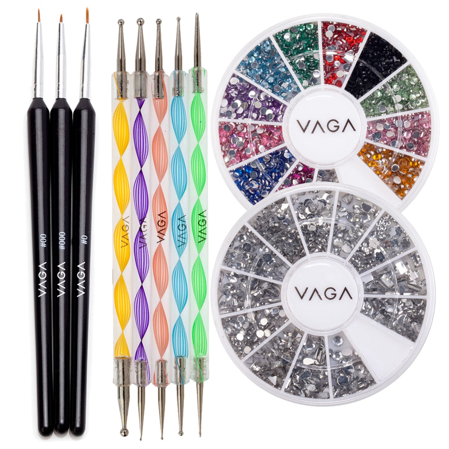 VAGA Nail Art Supplies Acrylic Nail Kit With 5 Nail Dotting Tools, Nail Art Brushes 3pc Nail Brush Set, Nail Gems And Rhinestones, A Professional Manicure Tool Acrilycs Nails Kit With Nail Jewels Set VAGA Nail Art Supplies Acrylic Nail Kit With 5 Nail Dotting Tools, Nail Art Brushes 3pc Nail Brush Set, Nail Gems And Rhinestones, A Professional Manicure Tool Acrilycs Nails Kit With Nail Jewels Set