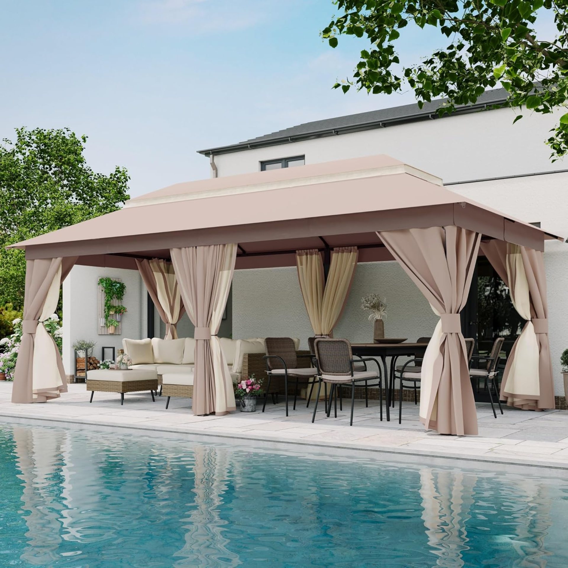 LAUSAINT HOME Outdoor Patio Gazebo 10’x20′ with Expansion Bolts, Heavy Duty Party Tent & Shelter with Double Roofs, Mosquito Nettings and Privacy Screens for Backyard, Garden, Lawn, Champagne Khaki LAUSAINT HOME Outdoor Patio Gazebo 10’x20′ with Expansion Bolts, Heavy Duty Party Tent & Shelter with Double Roofs, Mosquito Nettings and Privacy Screens for Backyard, Garden, Lawn, Champagne Khaki