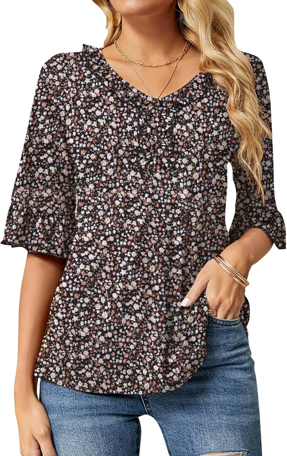 Ivicoer Women’s Casual V Neck T Shirts Loose Summer Fall 3/4 Bell Sleeve Tops Ruffle Tunic Blouses Ivicoer Women’s Casual V Neck T Shirts Loose Summer Fall 3/4 Bell Sleeve Tops Ruffle Tunic Blouses