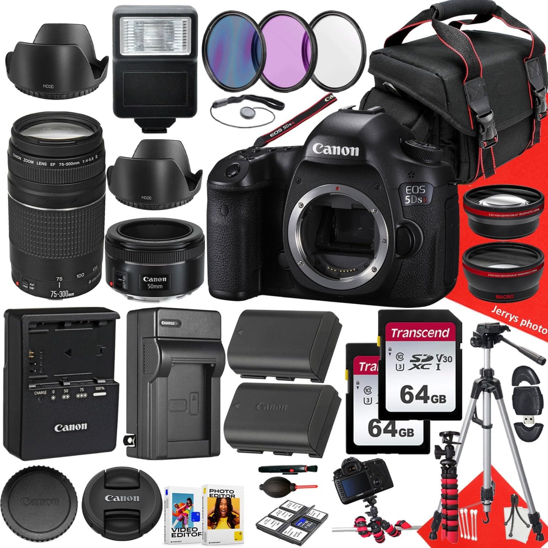 Canon EOS 5DS R DSLR Camera with Canon EF 50mm f/1.8 STM and EF 75-300mm f/4-5.6 III Lens + 128 GB Memory + Extra Battery + Slave Flash + Filters + More (37pc Bundle) (Renewed) Canon EOS 5DS R DSLR Camera with Canon EF 50mm f/1.8 STM and EF 75-300mm f/4-5.6 III Lens + 128 GB Memory + Extra Battery + Slave Flash + Filters + More (37pc Bundle) (Renewed)