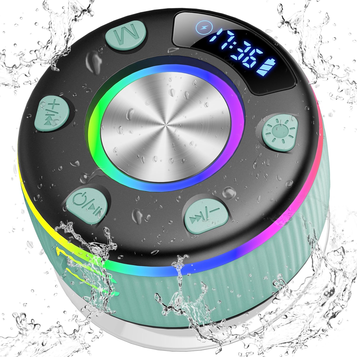 Bluetooth Shower Speaker, Portable Shower Speakers Wireless Bluetooth 5.3 with Time Display, IP7 Waterproof Speakers with RGB Light, Suction Cup, Stereo Pairing, Handsfree for Pool Beach Party, Green Bluetooth Shower Speaker, Portable Shower Speakers Wireless Bluetooth 5.3 with Time Display, IP7 Waterproof Speakers with RGB Light, Suction Cup, Stereo Pairing, Handsfree for Pool Beach Party, Green