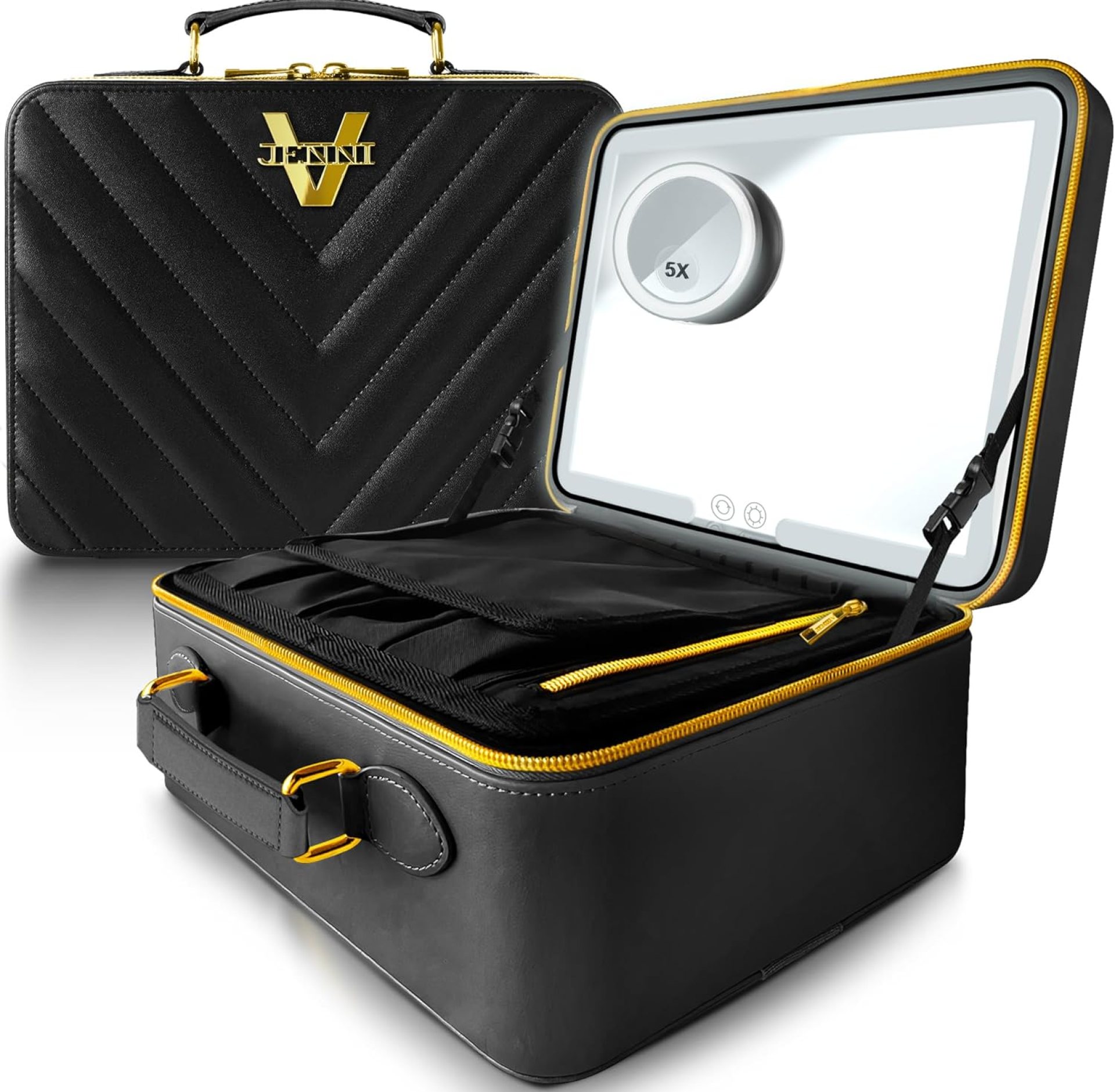 JENNI V Upscale PU Leather Makeup Bag with Light Up Mirror, 3 Brightness Settings, Adjustable Dividers – Replace Your Bulky Vanity While On the Go – Chic Travel Makeup Case Box – Makeup Organizer Bag JENNI V Upscale PU Leather Makeup Bag with Light Up Mirror, 3 Brightness Settings, Adjustable Dividers – Replace Your Bulky Vanity While On the Go – Chic Travel Makeup Case Box – Makeup Organizer Bag