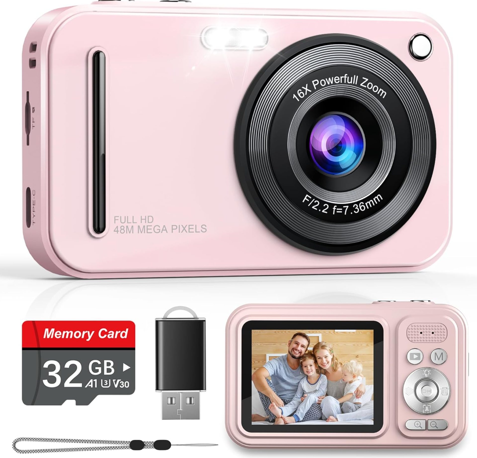 Digital Camera, Autofocus 48MP FHD 1080P Camera for Kids with 16X Zoom Anti Shake, Compact Portable Small Point and Shoot Digital Cameras with 32GB Memory Card for Teens Girls Kids Adults, Pink Digital Camera, Autofocus 48MP FHD 1080P Camera for Kids with 16X Zoom Anti Shake, Compact Portable Small Point and Shoot Digital Cameras with 32GB Memory Card for Teens Girls Kids Adults, Pink