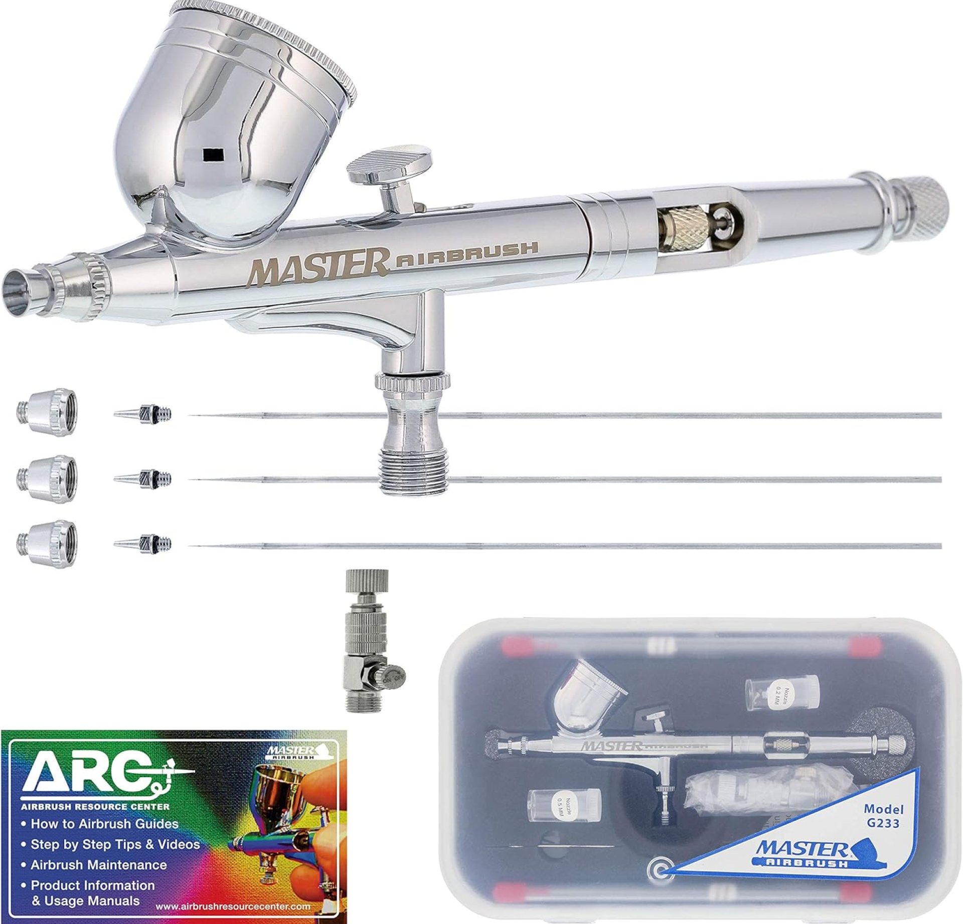 Master Performance G233 Pro Set Master Airbrush Gun with 3 Nozzle Sets (0.2, 0.3 & 0.5mm Needles, Fluid Tips and Air Caps) – Dual-Action Gravity Feed Airbrush, 1/3 oz Cup, Cutaway Handle Master Performance G233 Pro Set Master Airbrush Gun with 3 Nozzle Sets (0.2, 0.3 & 0.5mm Needles, Fluid Tips and Air Caps) – Dual-Action Gravity Feed Airbrush, 1/3 oz Cup, Cutaway Handle