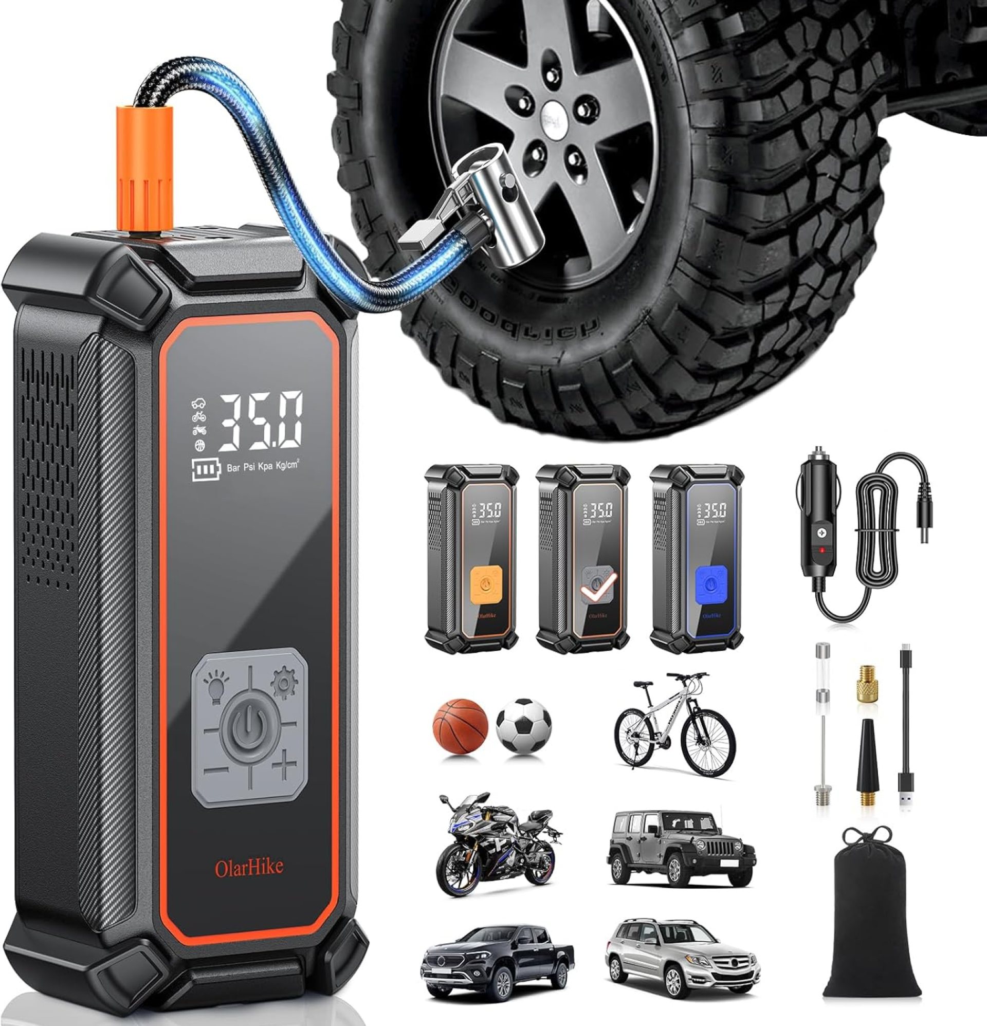 OlarHike Cordless Tire Inflator Portable Air Compressor-Dual Mode Inflation, 5400mAh Auto Air Pump for Car Tires, Bicycle, Bike, Motorcycle, Smart Electric Pump with LED Light & Digital Pressure Gauge OlarHike Cordless Tire Inflator Portable Air Compressor-Dual Mode Inflation, 5400mAh Auto Air Pump for Car Tires, Bicycle, Bike, Motorcycle, Smart Electric Pump with LED Light & Digital Pressure Gauge