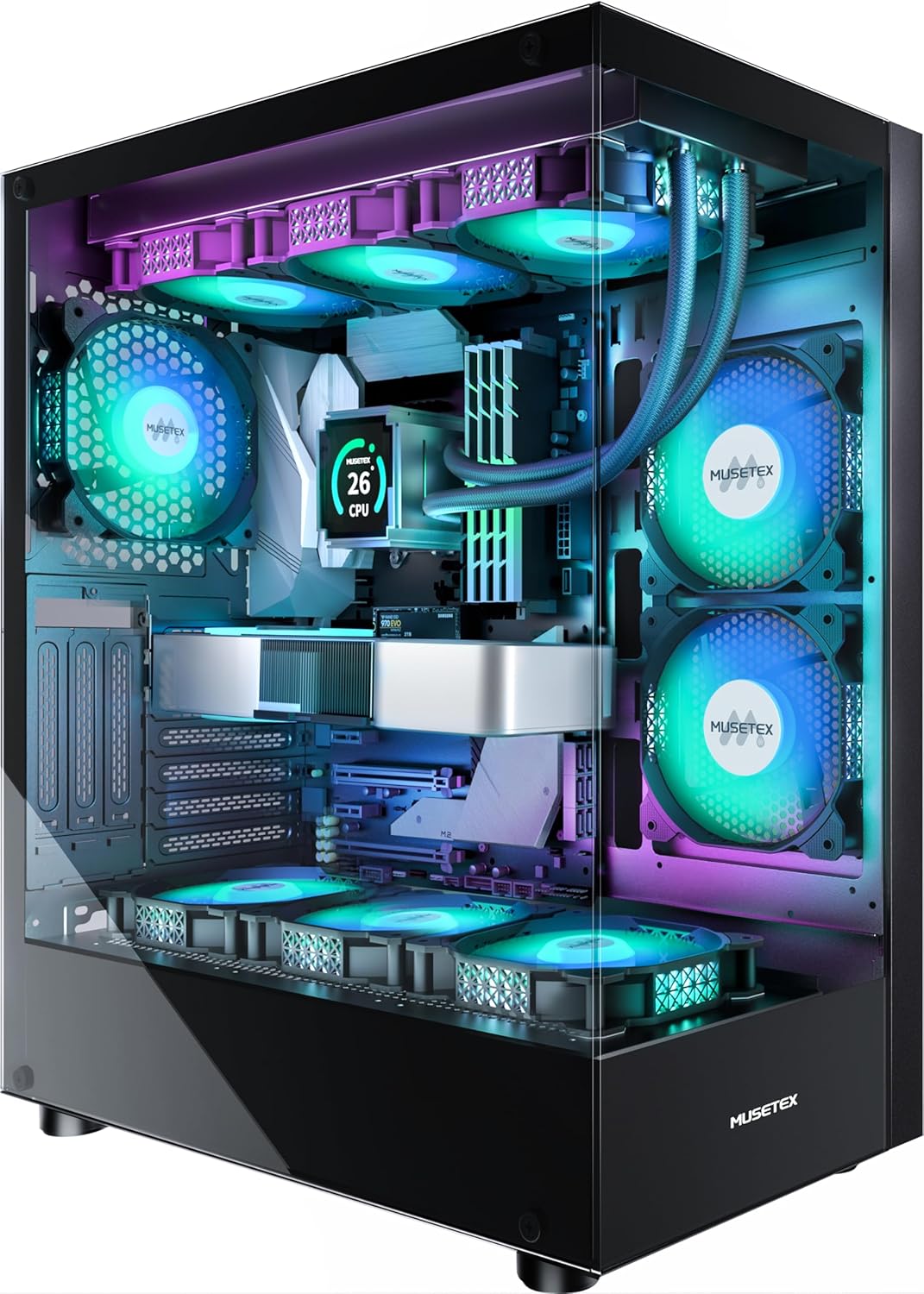 MUSETEX PC CASE ATX 6 PWM ARGB Fans Pre-Installed, Type-C Mid Tower Computer Case with Full-View Dual Tempered Glass, Gaming PC Case,Black(K2) MUSETEX PC CASE ATX 6 PWM ARGB Fans Pre-Installed, Type-C Mid Tower Computer Case with Full-View Dual Tempered Glass, Gaming PC Case,Black(K2)