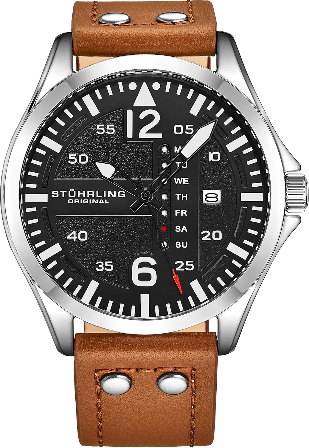 Stuhrling Original Mens Leather Watch -Aviation Watch, Quick-Set Day-Date Leather Band with Steel Rivets, Stuhrling Original Mens Leather Watch -Aviation Watch, Quick-Set Day-Date Leather Band with Steel Rivets,