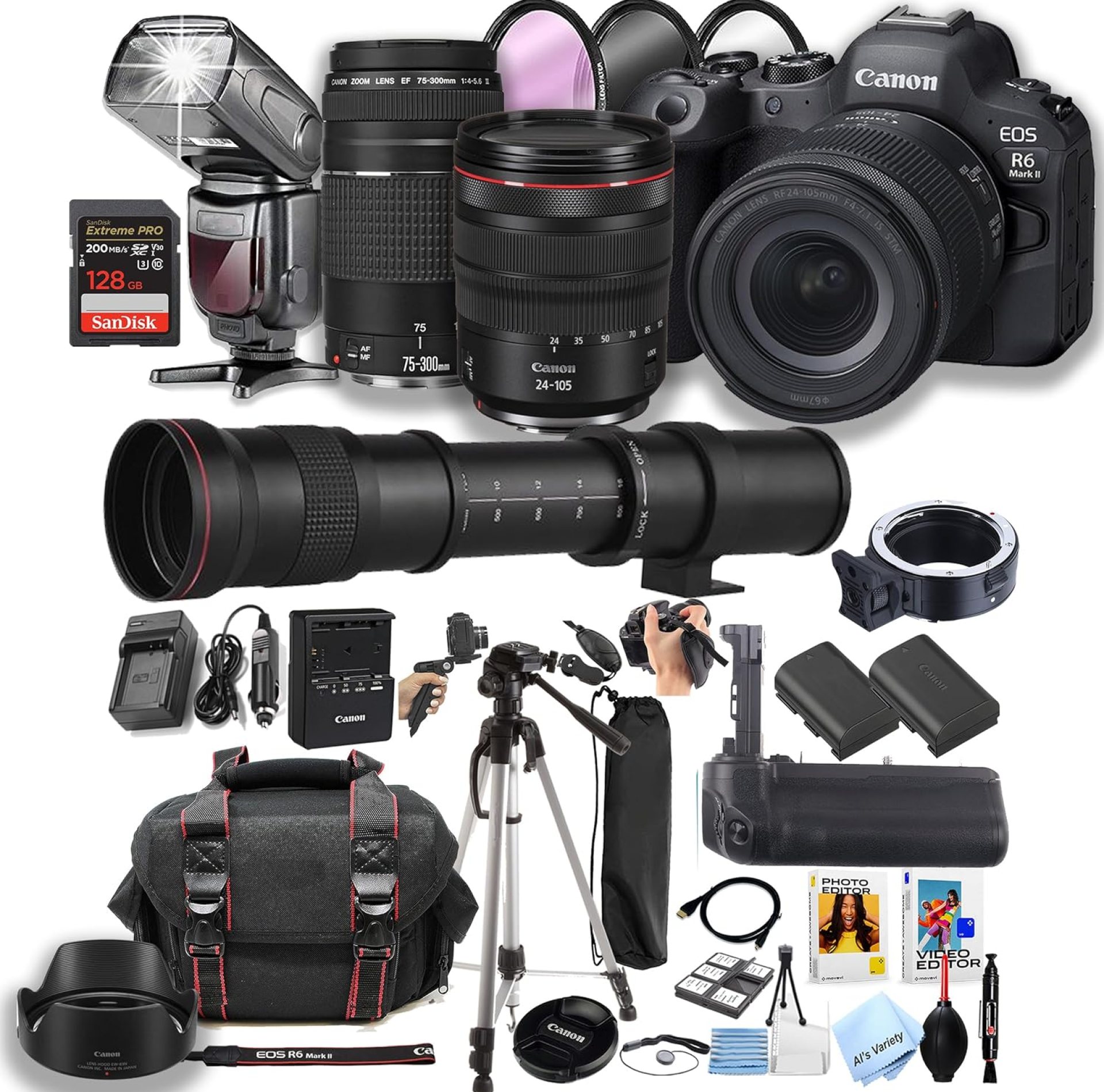 Canon EOS R6 Mark II Mirrorless Digital Camera with RF 24-105mm Lens + 75-300mm III Lens + 420-800mm Telephoto Lens + 128GB Memory + Battery Grip + Pro Flash Canon EOS R6 Mark II Mirrorless Digital Camera with RF 24-105mm Lens + 75-300mm III Lens + 420-800mm Telephoto Lens + 128GB Memory + Battery Grip + Pro Flash