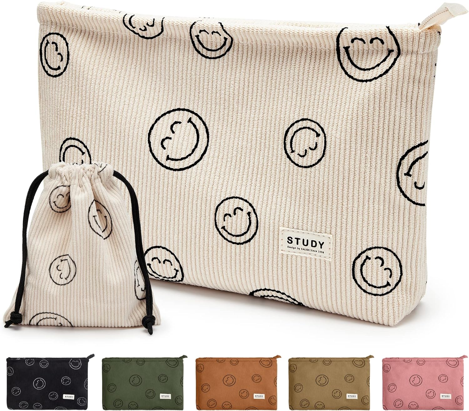 WLLWOO Makeup Bag-2pcs Smile Face Corduroy Cosmetic Bag Zipper Interior Waterproof Pencil Case Coin Purse Travel Toiletry Small Makeup Pouch For Women WLLWOO Makeup Bag-2pcs Smile Face Corduroy Cosmetic Bag Zipper Interior Waterproof Pencil Case Coin Purse Travel Toiletry Small Makeup Pouch For Women