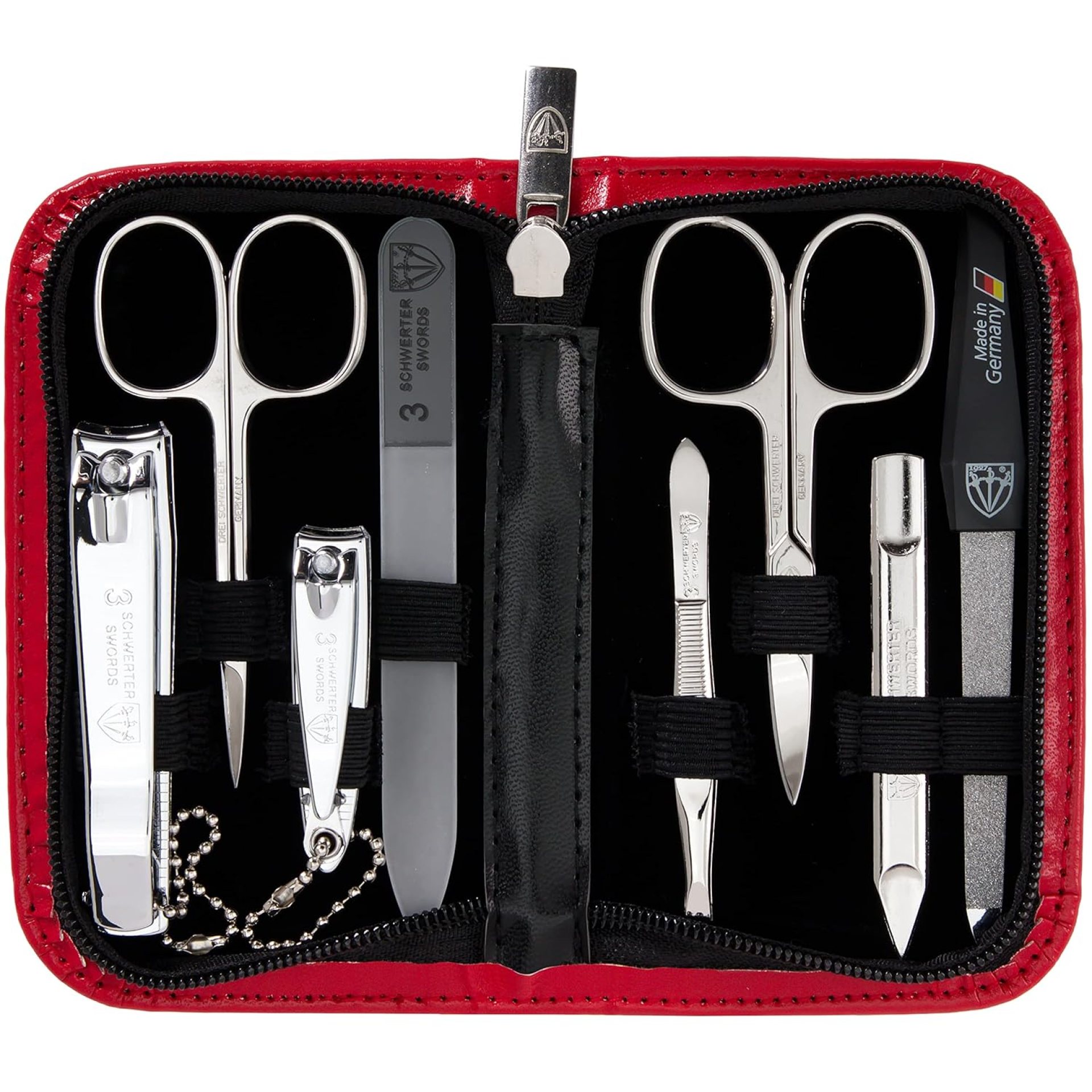 3 Swords Germany – brand quality 8 piece manicure pedicure grooming kit set synthetic leather case red – Made in Germany 3 Swords Germany – brand quality 8 piece manicure pedicure grooming kit set synthetic leather case red – Made in Germany
