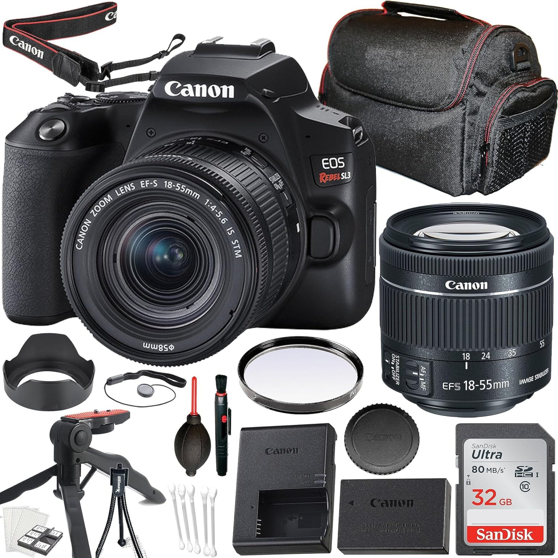 Canon EOS Rebel SL3 / 250D DSLR Camera with Canon EF-S 18-55mm f/4-5.6 is STM Lens + 32GB Memory Card + Tripod + Case + Cleaning Kit & More (Renewed) Canon EOS Rebel SL3 / 250D DSLR Camera with Canon EF-S 18-55mm f/4-5.6 is STM Lens + 32GB Memory Card + Tripod + Case + Cleaning Kit & More (Renewed)