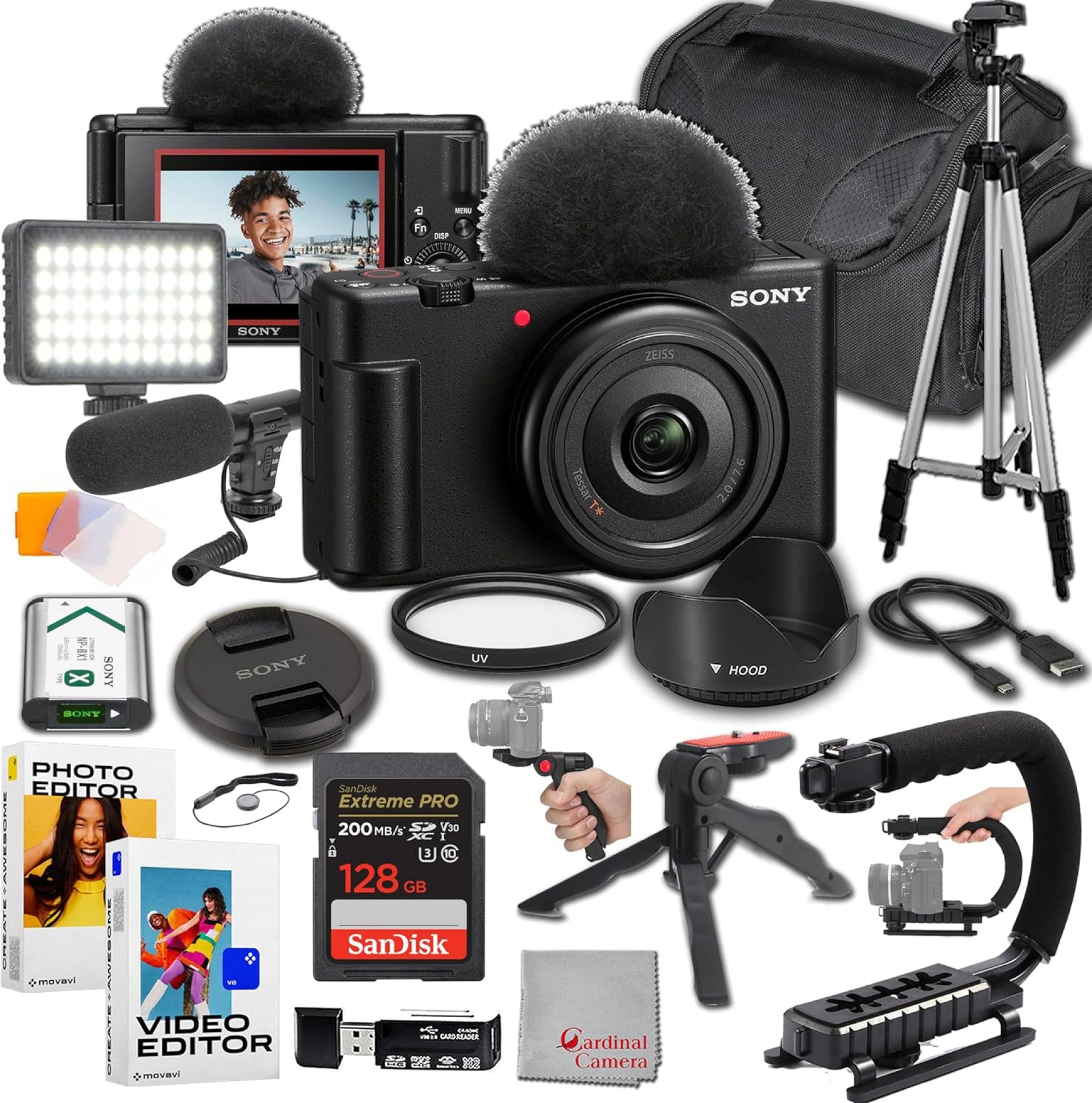 Sony ZV-1F Content Creator’s Ultimate Kit: 128GB Extreme Memory, Mic, Video Light, Editing Software U-Grip, and Tripod Bundle (21pc) Sony ZV-1F Content Creator’s Ultimate Kit: 128GB Extreme Memory, Mic, Video Light, Editing Software U-Grip, and Tripod Bundle (21pc)