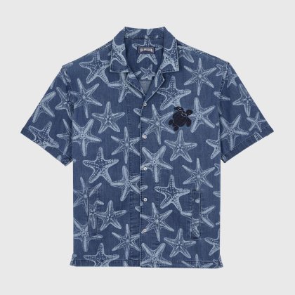 Vilebrequin - Hemd Aus Leichtem Denim Mit Starfish-print - Hemd - Graniers - Blau - Größe XXL Vilebrequin - Hemd Aus Leichtem Denim Mit Starfish-print - Hemd - Graniers - Blau - Größe XXL