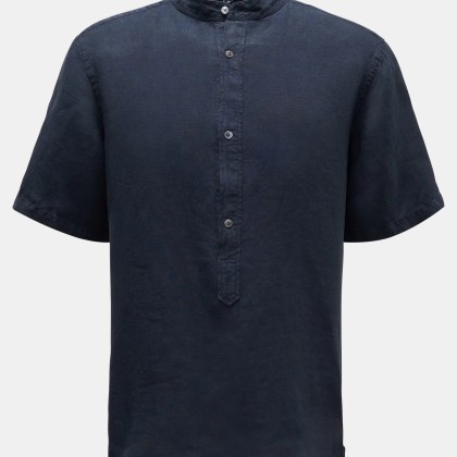 04651/ A trip in a bag - Herren - Popover-Kurzarmhemd %27Linen Guru%27 Grandad-Kragen navy 04651/ A trip in a bag - Herren - Popover-Kurzarmhemd %27Linen Guru%27 Grandad-Kragen navy