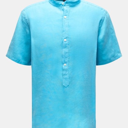 04651/ A trip in a bag - Herren - Popover-Kurzarmhemd %27Linen Guru%27 Grandad-Kragen türkis 04651/ A trip in a bag - Herren - Popover-Kurzarmhemd %27Linen Guru%27 Grandad-Kragen türkis