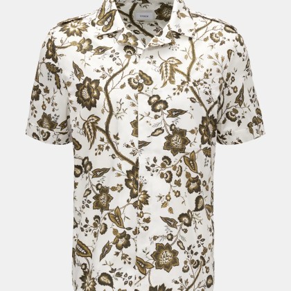 Erdem - Herren - Kurzarmhemd %27Grayson%27 Kubanischer Kragen weiß/oliv gemustert Erdem - Herren - Kurzarmhemd %27Grayson%27 Kubanischer Kragen weiß/oliv gemustert