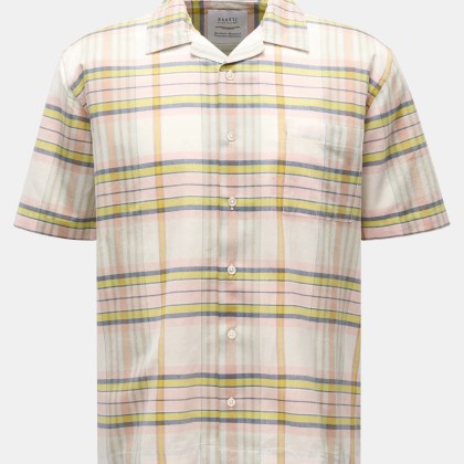 04651/ A trip in a bag - Herren - Kurzarmhemd %27Madras Cuba%27 Kubanischer Kragen weiß/rosé/gelb kariert 04651/ A trip in a bag - Herren - Kurzarmhemd %27Madras Cuba%27 Kubanischer Kragen weiß/rosé/gelb kariert