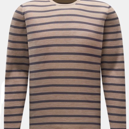 04651/ A trip in a bag - Herren - Feinstrick Rundhals-Pullover graubraun/anthrazit gestreift 04651/ A trip in a bag - Herren - Feinstrick Rundhals-Pullover graubraun/anthrazit gestreift