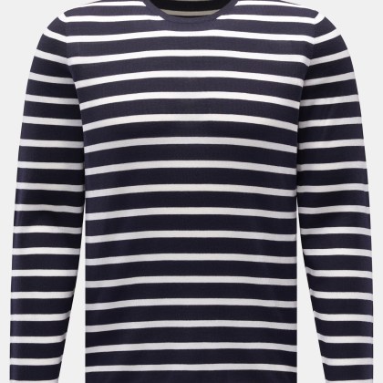 04651/ A trip in a bag - Herren - Feinstrick Rundhals-Pullover navy/weiß gestreift 04651/ A trip in a bag - Herren - Feinstrick Rundhals-Pullover navy/weiß gestreift
