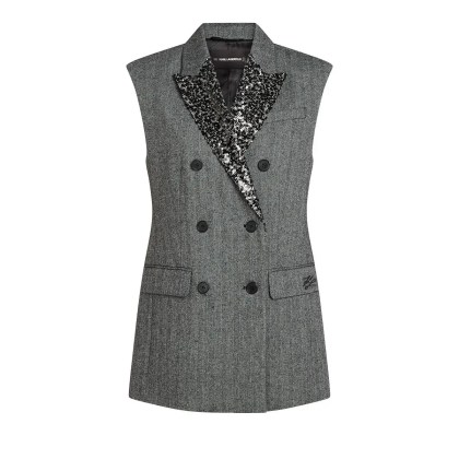 Karl Lagerfeld - Tweed-Weste mit Pailletten-Revers - Größe 42 - grau Karl Lagerfeld - Tweed-Weste mit Pailletten-Revers - Größe 42 - grau