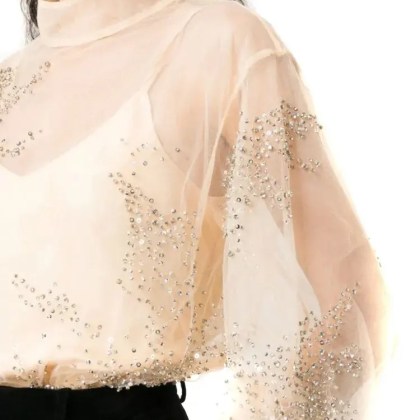 Des Phemmes - Embellished Sheer Sweater With Puff Sleeves And De - Größe 38 - beige – Bild 2