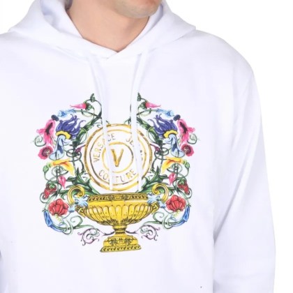 Versace Jeans Couture - Drawstring Hooded Sweatshirt With Floral Logo Prin - Größe M - weiß