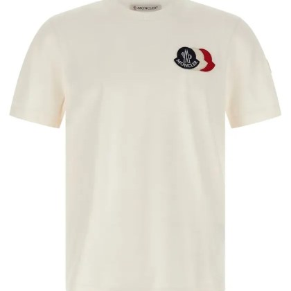 Moncler - Front Tricolor Logo Patch Moncler T-Shirt - Größe XL - beige Moncler - Front Tricolor Logo Patch Moncler T-Shirt - Größe XL - beige