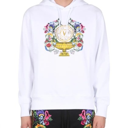 Versace Jeans Couture - Drawstring Hooded Sweatshirt With Floral Logo Prin - Größe M - weiß Versace Jeans Couture - Drawstring Hooded Sweatshirt With Floral Logo Prin - Größe M - weiß