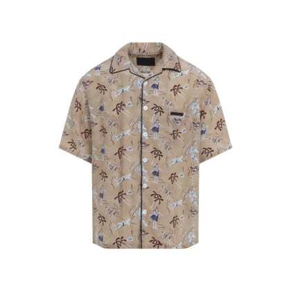 Prada - Short-Sleeved Viscose-Silk Blend Shirt With Palm P - Größe L - beige Prada - Short-Sleeved Viscose-Silk Blend Shirt With Palm P - Größe L - beige