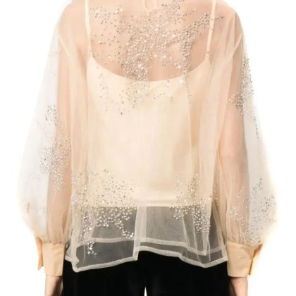 Des Phemmes - Embellished Sheer Sweater With Puff Sleeves And De - Größe 38 - beige – Bild 3