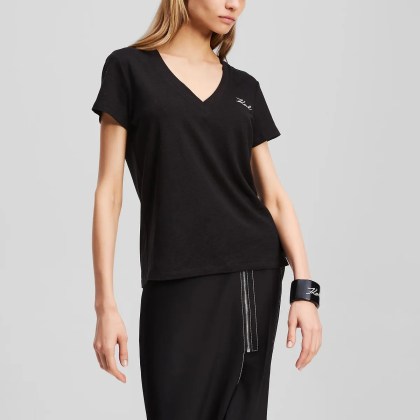 Karl Lagerfeld - KARL SIGNATURE T-SHIRT MIT V-AUSSCHNITT - Größe M - schwarz – Bild 4